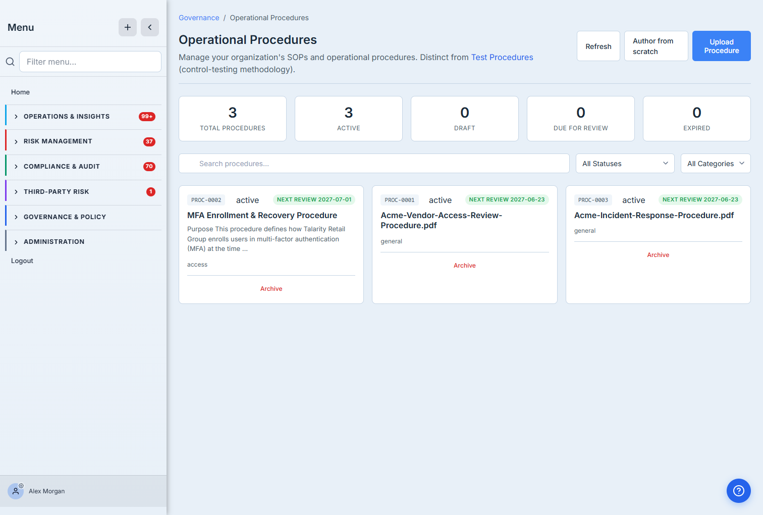 Operational Procedures — 3 total / 3 active, with stat cards (Total / Active / Draft / Due for Review / Expired), search + status + category filters, and procedure cards: PROC-0002 "MFA Enrollment & Recovery Procedure" (active), PROC-0001 and PROC-0003 (uploaded vendor-access and incident-response SOPs), each with a next-review date.