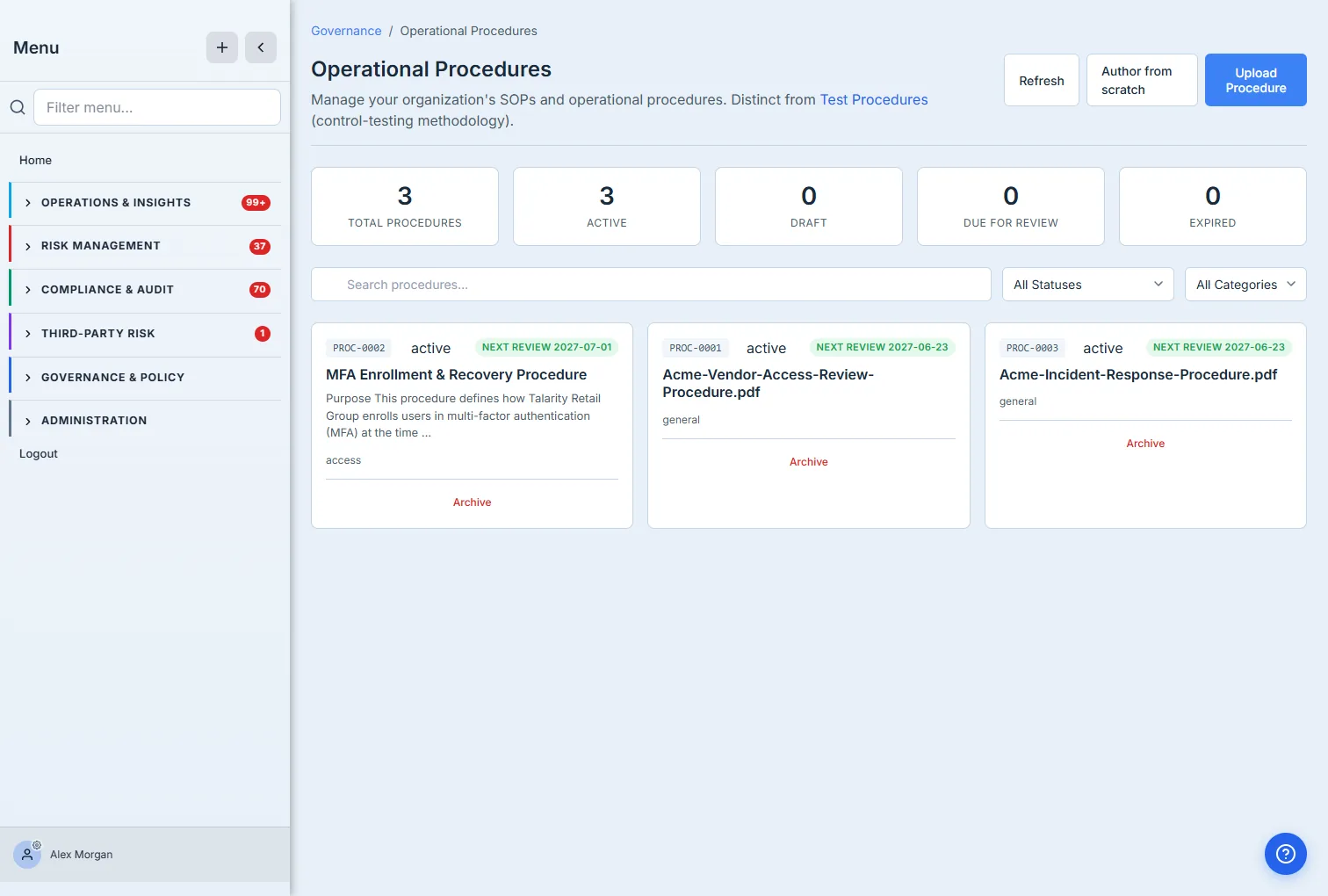 Operational Procedures — 3 total / 3 active, with stat cards (Total / Active / Draft / Due for Review / Expired), search + status + category filters, and procedure cards: PROC-0002 "MFA Enrollment & Recovery Procedure" (active), PROC-0001 and PROC-0003 (uploaded vendor-access and incident-response SOPs), each with a next-review date.