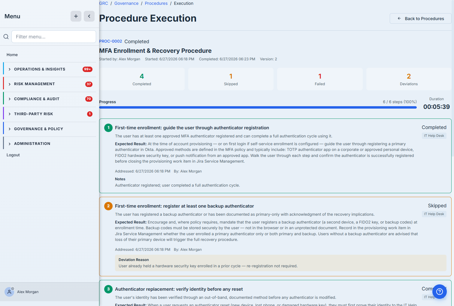 The completed execution — "Completed", with final stats (4 Completed, 1 Skipped, 1 Failed, 2 Deviations) and each step showing its outcome, the operator, the timestamp, and — for the skipped and failed steps — the deviation reason (e.g. the self-service portal was unavailable, so the user re-enrolled with the help desk and a ticket was opened).