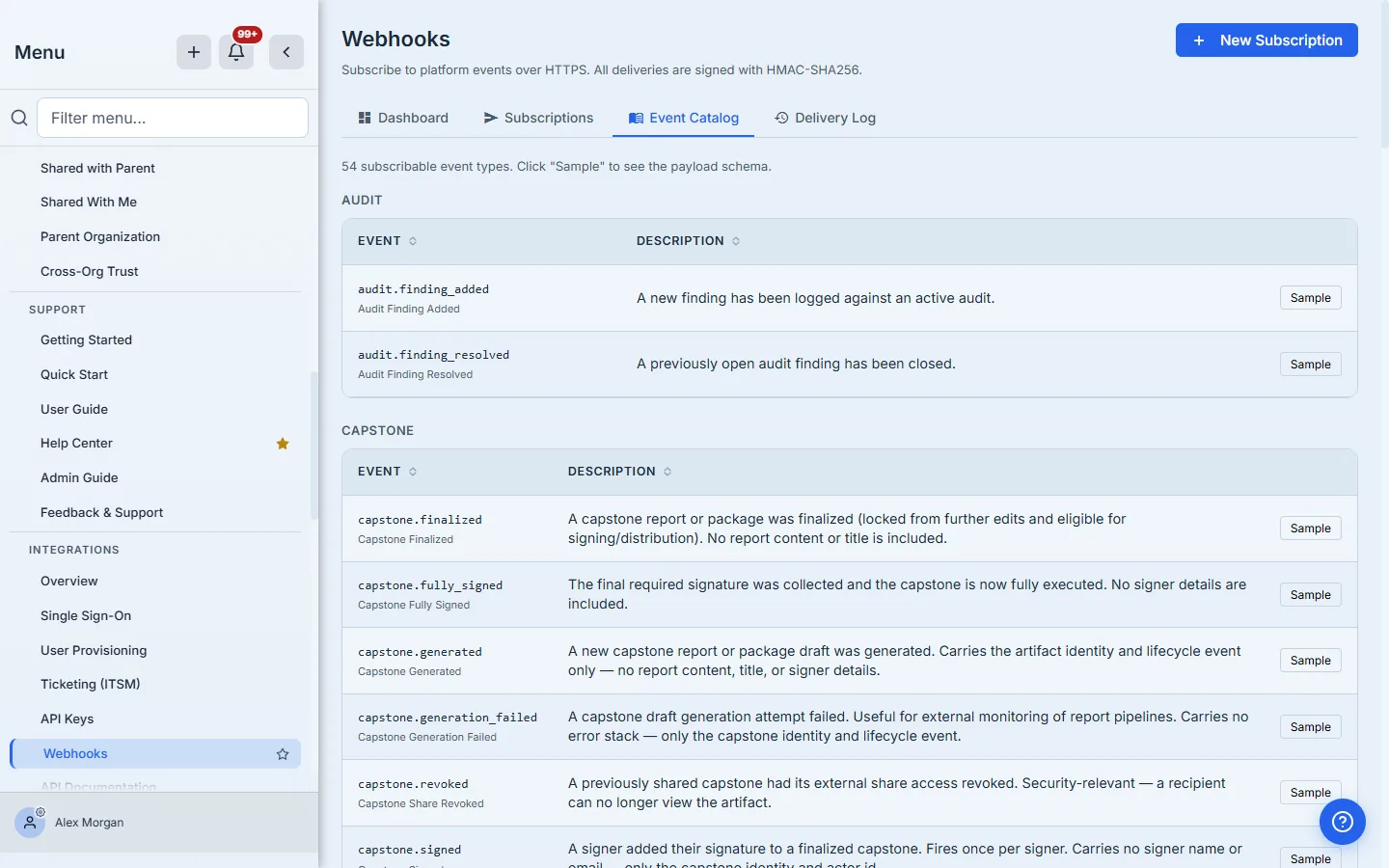 The Event Catalog tab reading "54 subscribable event types. Click Sample to see the payload schema", with AUDIT and CAPSTONE groups shown as sortable tables — audit.finding_added, audit.finding_resolved, capstone.finalized, capstone.fully_signed, capstone.generated, capstone.generation_failed, capstone.revoked and capstone.signed — each row carrying its display name, a description and a Sample button.