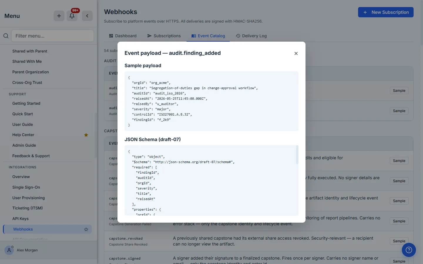 The Event payload modal for audit.finding_added showing a sample payload with orgId, title, auditId, raisedAt, raisedBy, severity, controlId and findingId, followed by the JSON Schema (draft-07) listing the required fields.