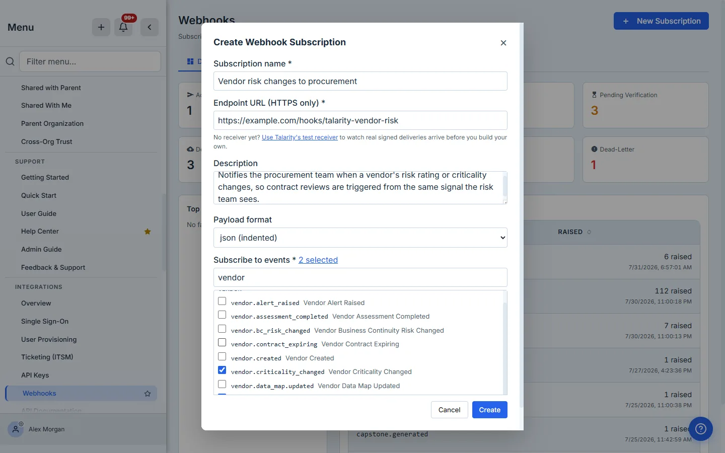 The Create Webhook Subscription modal filled in — name "Vendor risk changes to procurement", endpoint https://example.com/hooks/talarity-vendor-risk, a multi-line description, and json format — with the event filter narrowed to "vendor" and the vendor events listed by code and display name, vendor.criticality_changed ticked. The header reads "Subscribe to events * 2 selected", where the count is a link that filters the list to just those two.