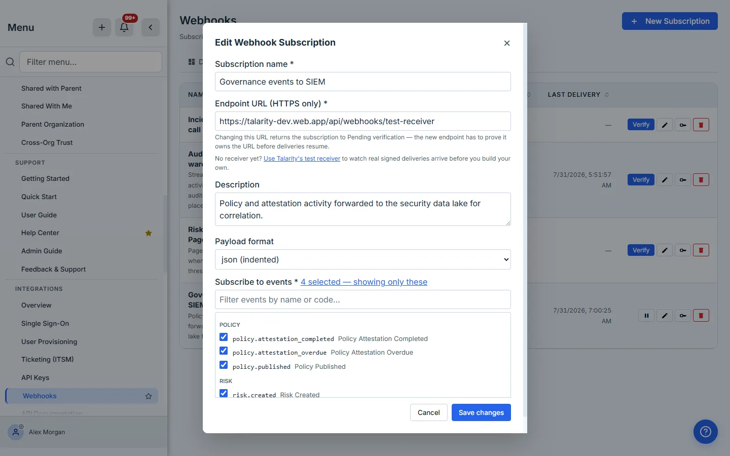 The Edit Webhook Subscription modal for "Governance events to SIEM", prefilled with its name, the test-receiver endpoint, its description and json format, and a note that changing the URL returns the subscription to Pending verification. The header reads "4 selected — showing only these" and the list below is collapsed to exactly those four, all ticked: policy.attestation_completed, policy.attestation_overdue, policy.published and risk.created.