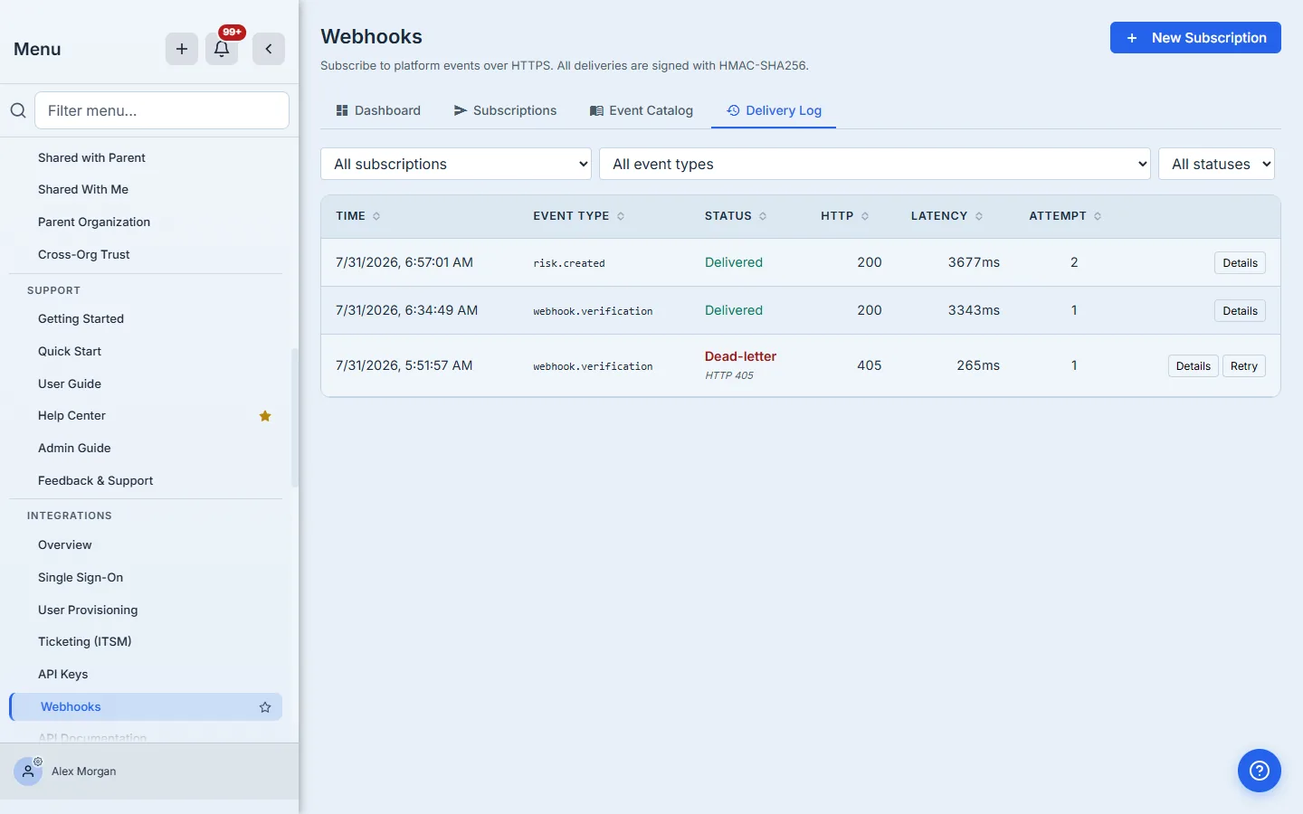 The Delivery Log, with filters for subscription, event type and status above a table of three deliveries — risk.created Delivered 200 in 3677ms on attempt 2, webhook.verification Delivered 200 in 3343ms, and webhook.verification Dead-letter HTTP 405 in 265ms with a Retry button.