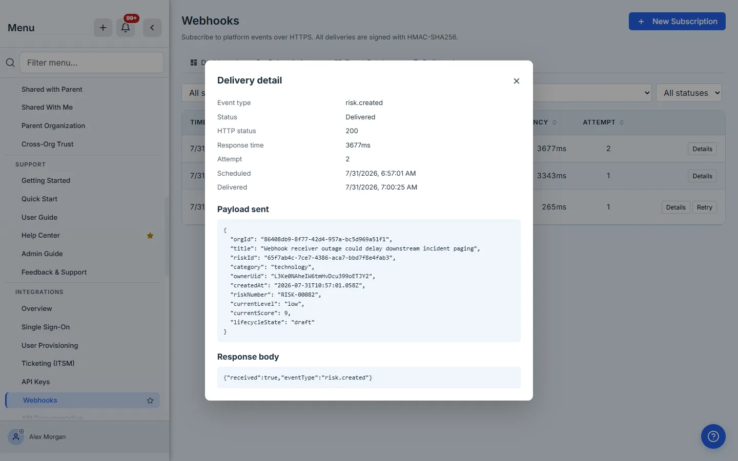 The Delivery detail modal for a risk.created delivery: a table showing Delivered, HTTP 200, 3677ms, attempt 2, scheduled and delivered timestamps; the full JSON payload that was sent, carrying the risk's title, id, category, score and lifecycle state; and the response body the endpoint returned, a small JSON object confirming it received a risk.created event.