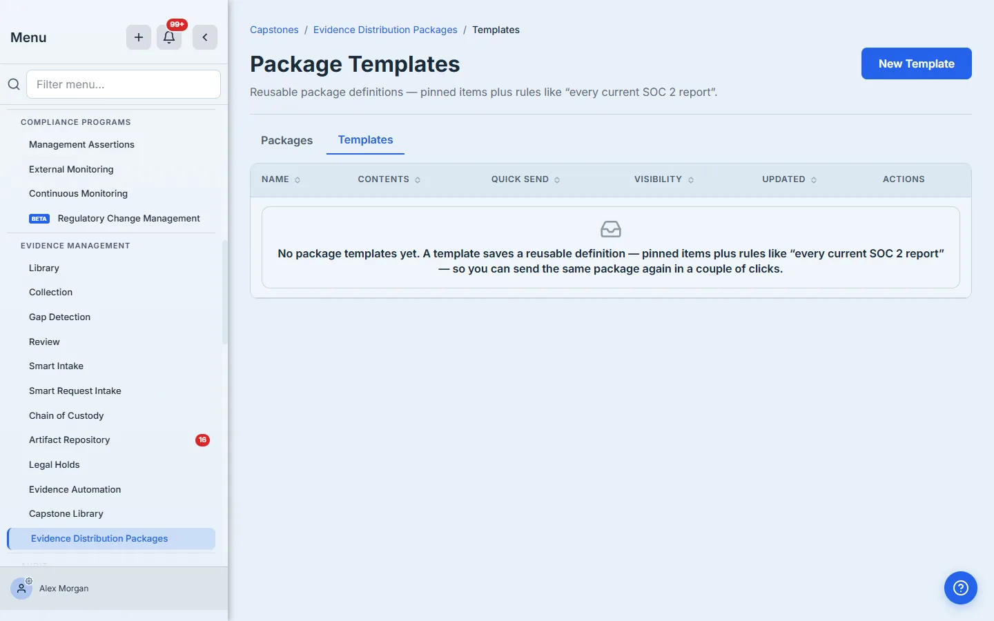 The Package Templates workspace before any template exists — an empty state explaining that a template is a reusable package definition of pinned items plus rules, with a New Template button and a Packages / Templates sub-nav.