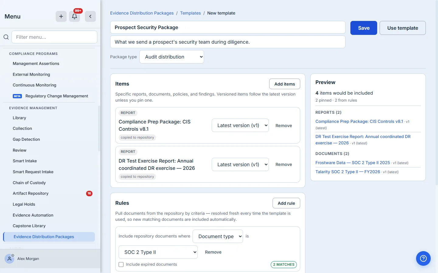 The template builder — a Prospect Security Package with two pinned reports (each tagged "copied to repository", "Latest version"), a dynamic rule pulling repository documents where Document type is SOC 2 Type II, and a live Preview panel on the right listing the resolved reports and documents with their versions.