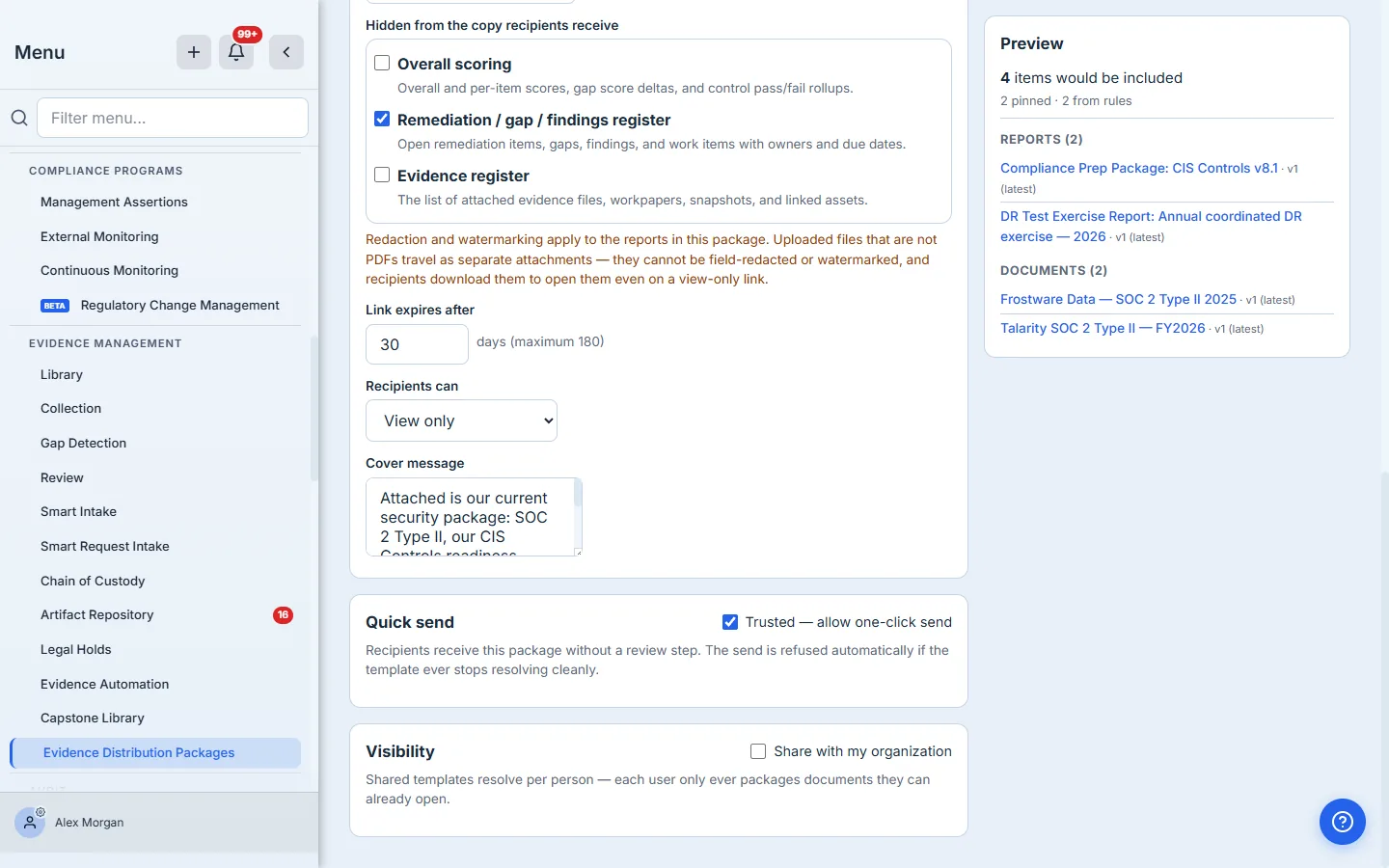 The Quick send card with a "Trusted — allow one-click send" toggle enabled, explaining that recipients receive the package without a review step and the send is refused automatically if the template ever stops resolving cleanly, above a Visibility card for sharing the template with the organization.