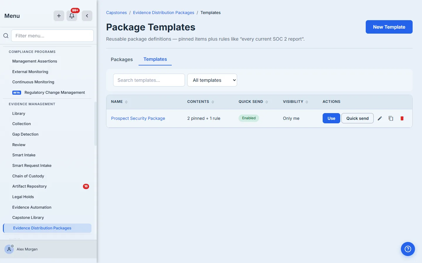 The Package Templates list — a table with a Prospect Security Package row showing "2 pinned + 1 rule" under Contents, a green "Enabled" Quick Send badge, "Only me" visibility, and per-row actions: Use and Quick send buttons plus Edit, Duplicate, and Delete icon buttons.