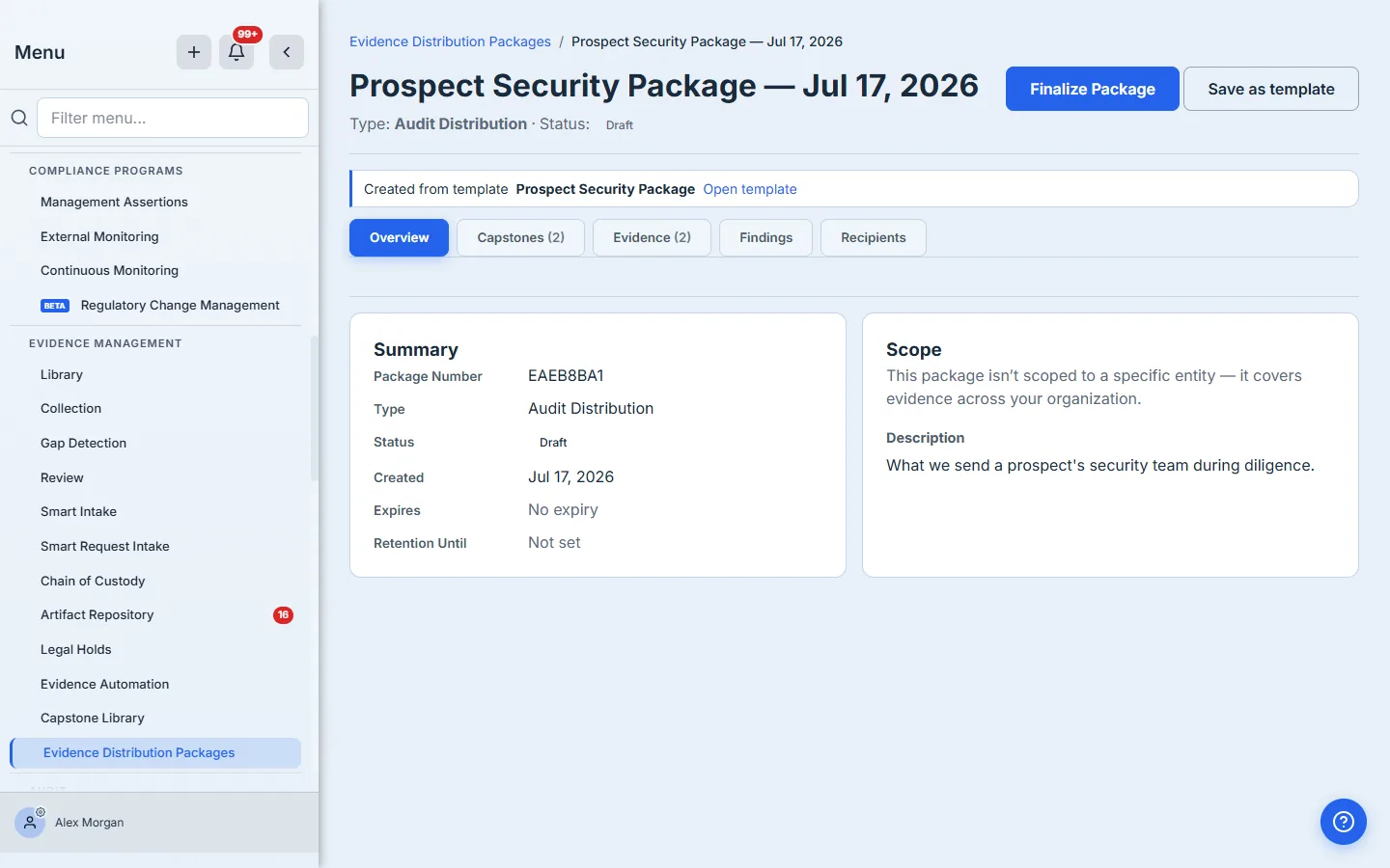 A draft package created from a template — a "Created from template — Prospect Security Package" provenance banner with an Open template link, above the package's finalized status, so the draft's origin is visible before it's reviewed and sent.