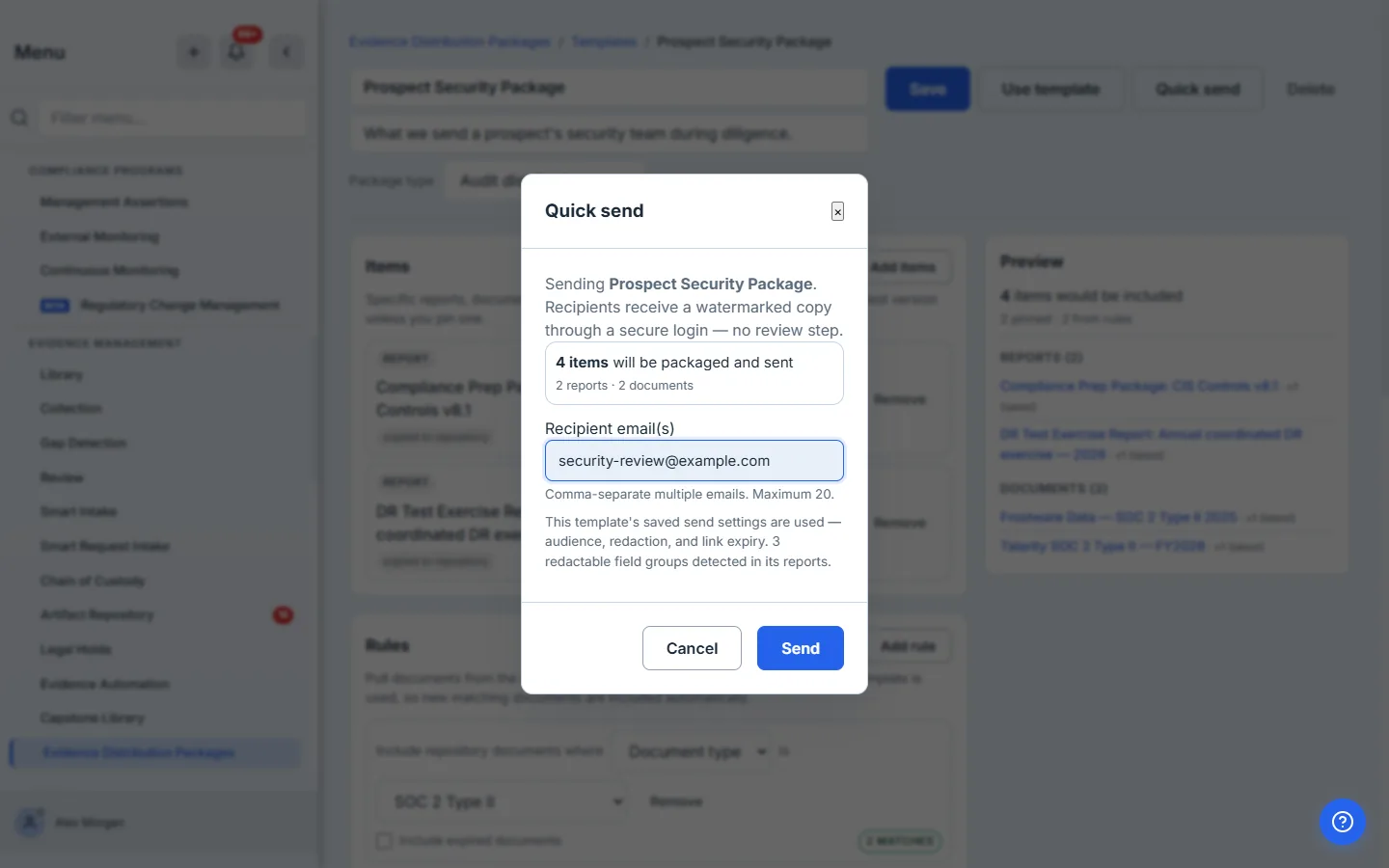 The Quick Send modal — a summary of how many items will be packaged and sent, a recipient field, and a read-only summary of the send profile the template carries, with a Send button that stays disabled until there is at least one resolved item and no blocking warning.