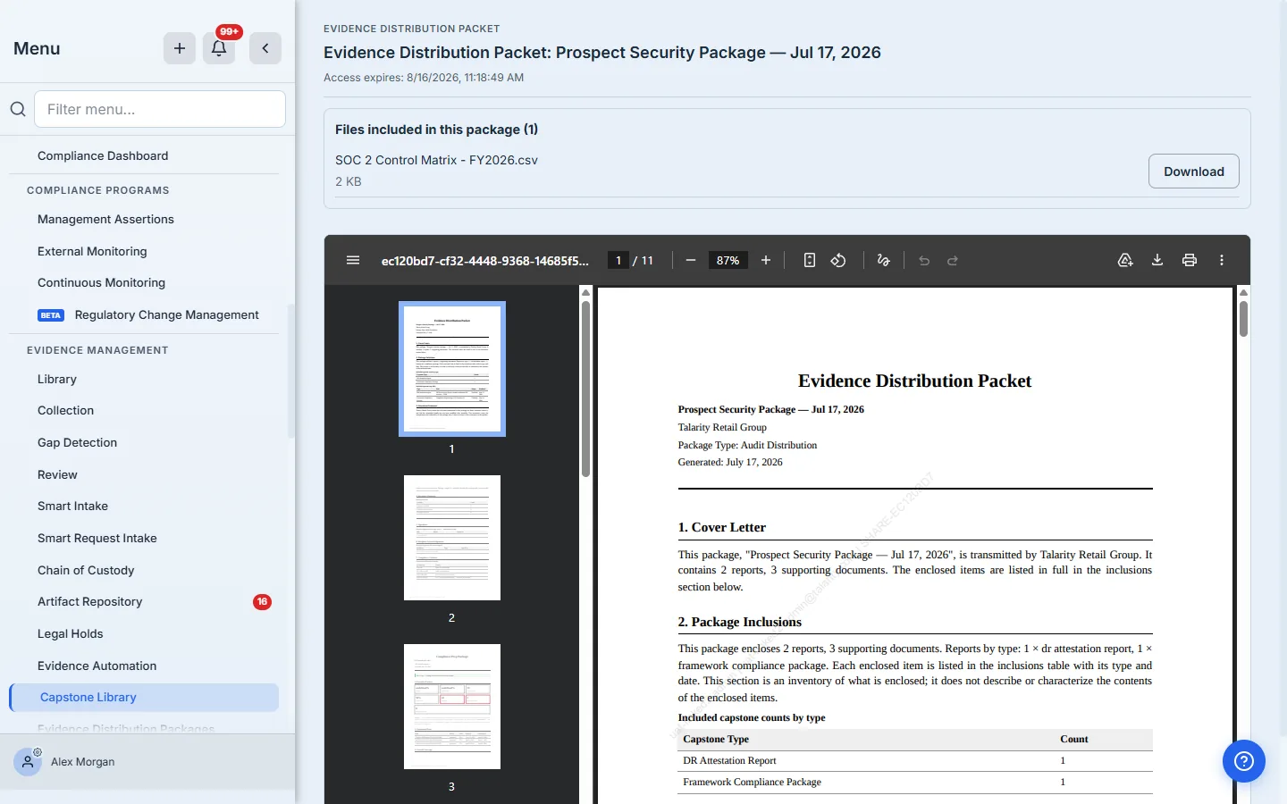 The recipient's share view — an Evidence Distribution Packet header with an access-expiry date, a "Files included in this package (1)" card listing SOC 2 Control Matrix - FY2026.csv with a Download button, and the watermarked bundle PDF rendered inline below it.