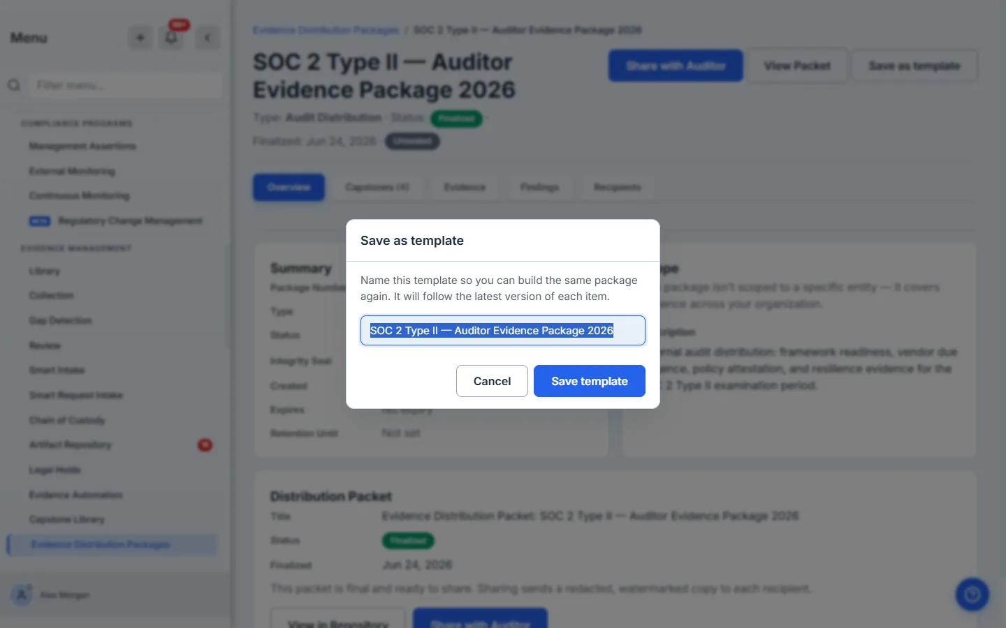 The Save-as-template dialog on a finalized package — a name field pre-filled with the package title and a "Save template" button, with helper text explaining the template will follow the latest version of each item.