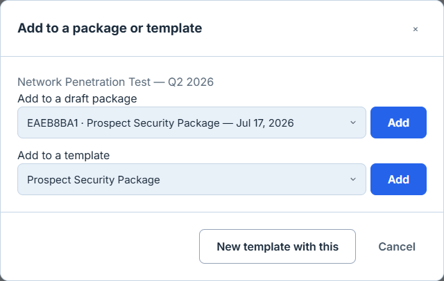 The "Add to a package or template" modal from the repository — a document being added, with a draft-package picker (each option led by its package number), a template picker, and a "New template with this" option.
