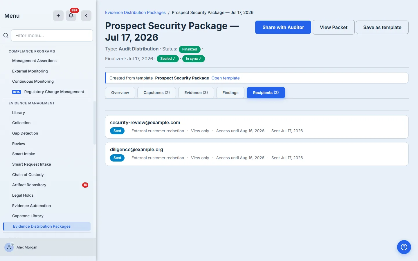 The Recipients tab — two recipients on reserved example.com/.org addresses, each row showing a Sent badge, "External customer redaction", "View only", "Access until Aug 16, 2026", and the date it was sent.