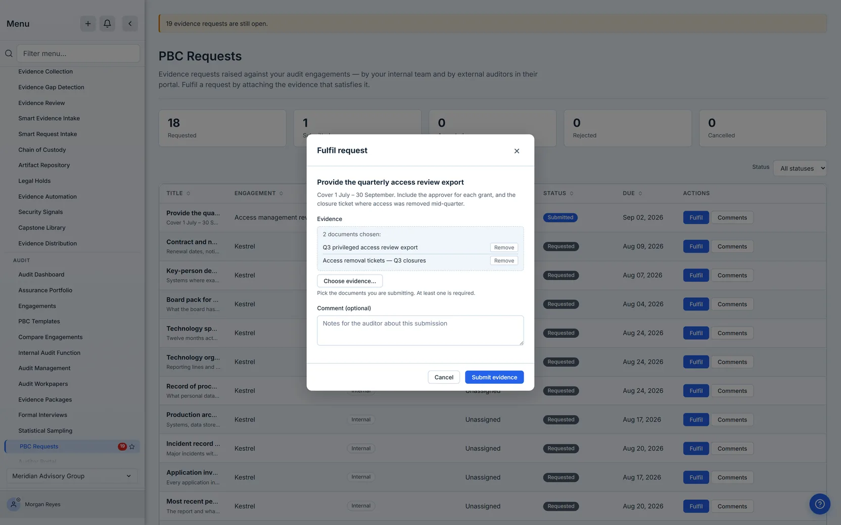 The Fulfil request dialog: the request's title and notes, an Evidence field with a "Choose evidence…" button listing the chosen documents by name, and an optional comment box.