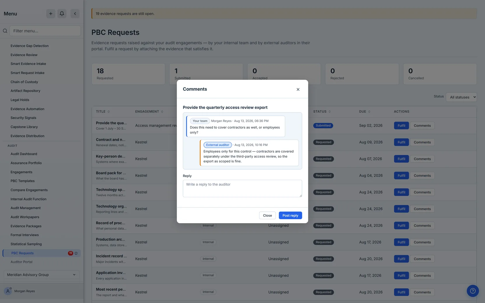 The comment thread on a PBC request: interleaved messages from the organisation and the external auditor, each tagged with the side it came from — and the person's name where one is on record and is distinct from the side's own label — and the time it was sent.