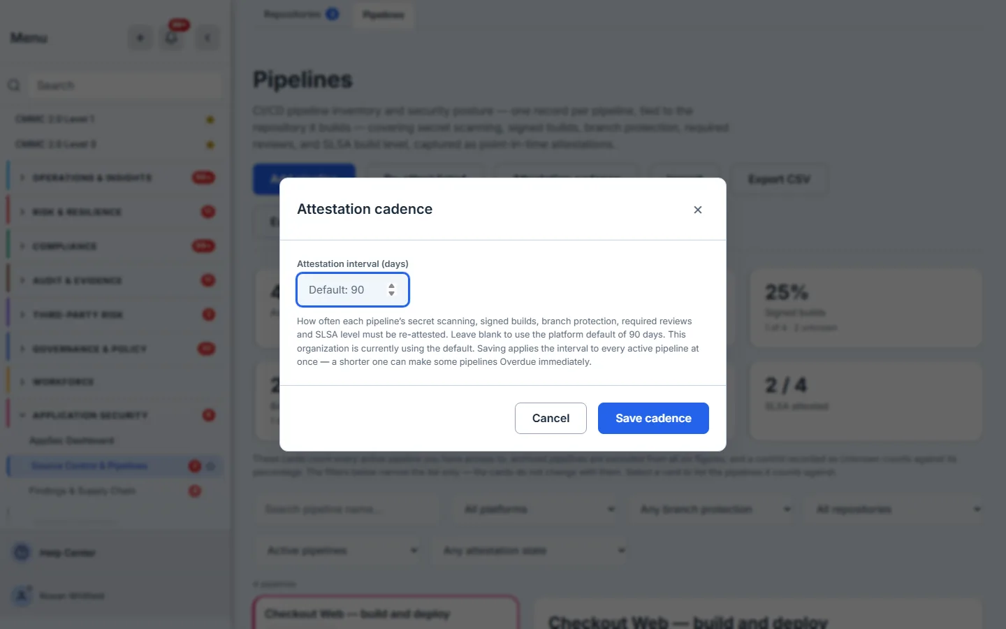 The Attestation cadence modal: a single interval-in-days field labelled “Attestation interval (days)” and showing “Default: 90” as its placeholder, above an explanation that the interval governs how often each pipeline’s secret scanning, signed builds, branch protection, required reviews and SLSA level must be re-attested, that this organisation is currently using the default, and that saving applies the interval to every active pipeline at once so a shorter one can make some pipelines Overdue immediately.