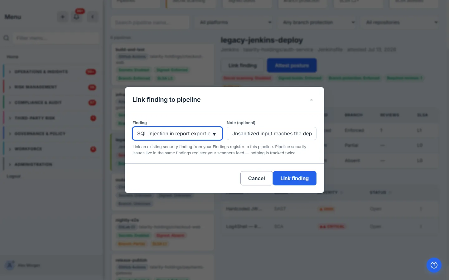 The Link finding modal: a searchable finding picker (choose by title) and an optional note explaining how the finding relates to the pipeline.