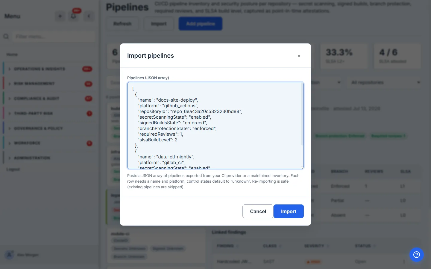 The Import pipelines modal: a JSON-array paste area with a note that each row needs a name and platform and that re-importing is safe.