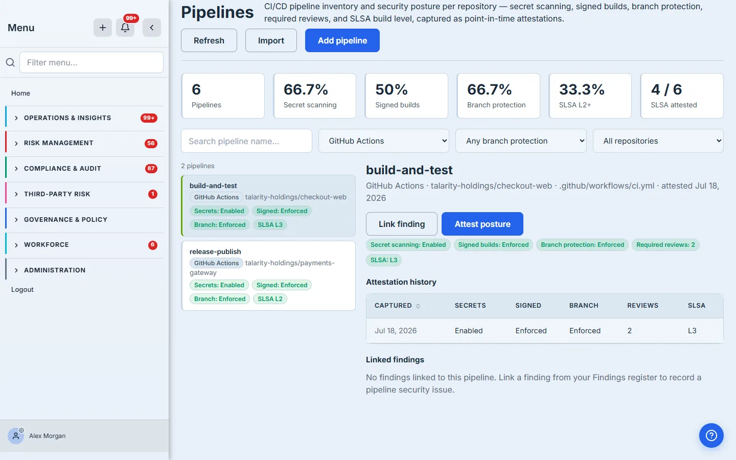 The register filtered to GitHub Actions: the list narrows to the two GitHub Actions pipelines.
