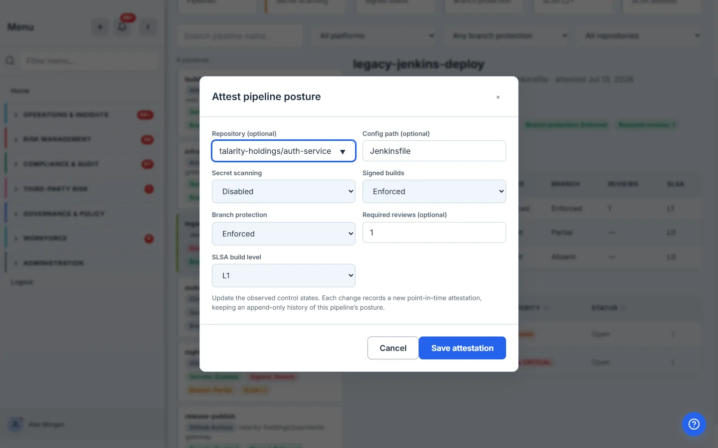 The Attest pipeline posture modal: control selects seeded from the pipeline's current posture, with a note that each change records a new point-in-time attestation.
