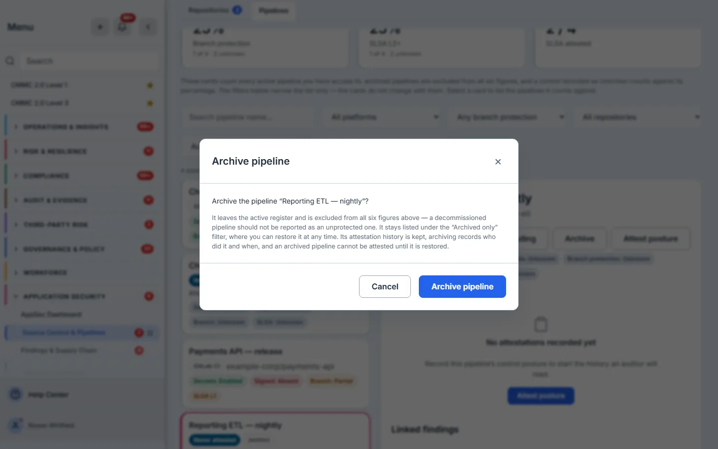 The Archive pipeline confirmation for “Reporting ETL — nightly”, the never-attested Jenkins pipeline, explaining that it leaves the active register and is excluded from all six figures, that it stays listed under the “Archived only” filter where it can be restored at any time, that its attestation history is kept, that archiving records who did it and when, and that an archived pipeline cannot be attested until it is restored.