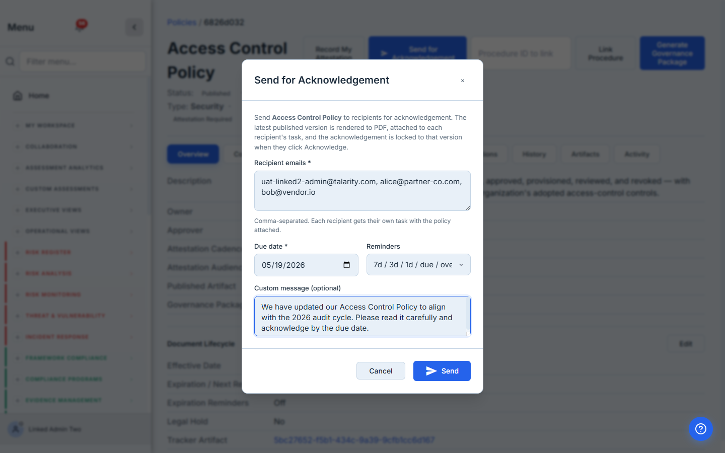 Send for Acknowledgement modal — recipients, due date, reminders, custom message.