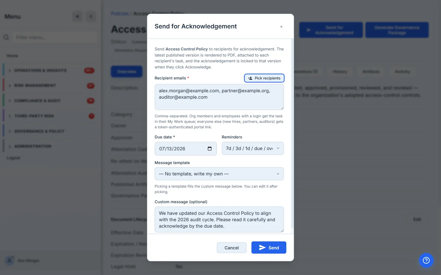 Send for Acknowledgement modal — recipients, due date, reminders, custom message.