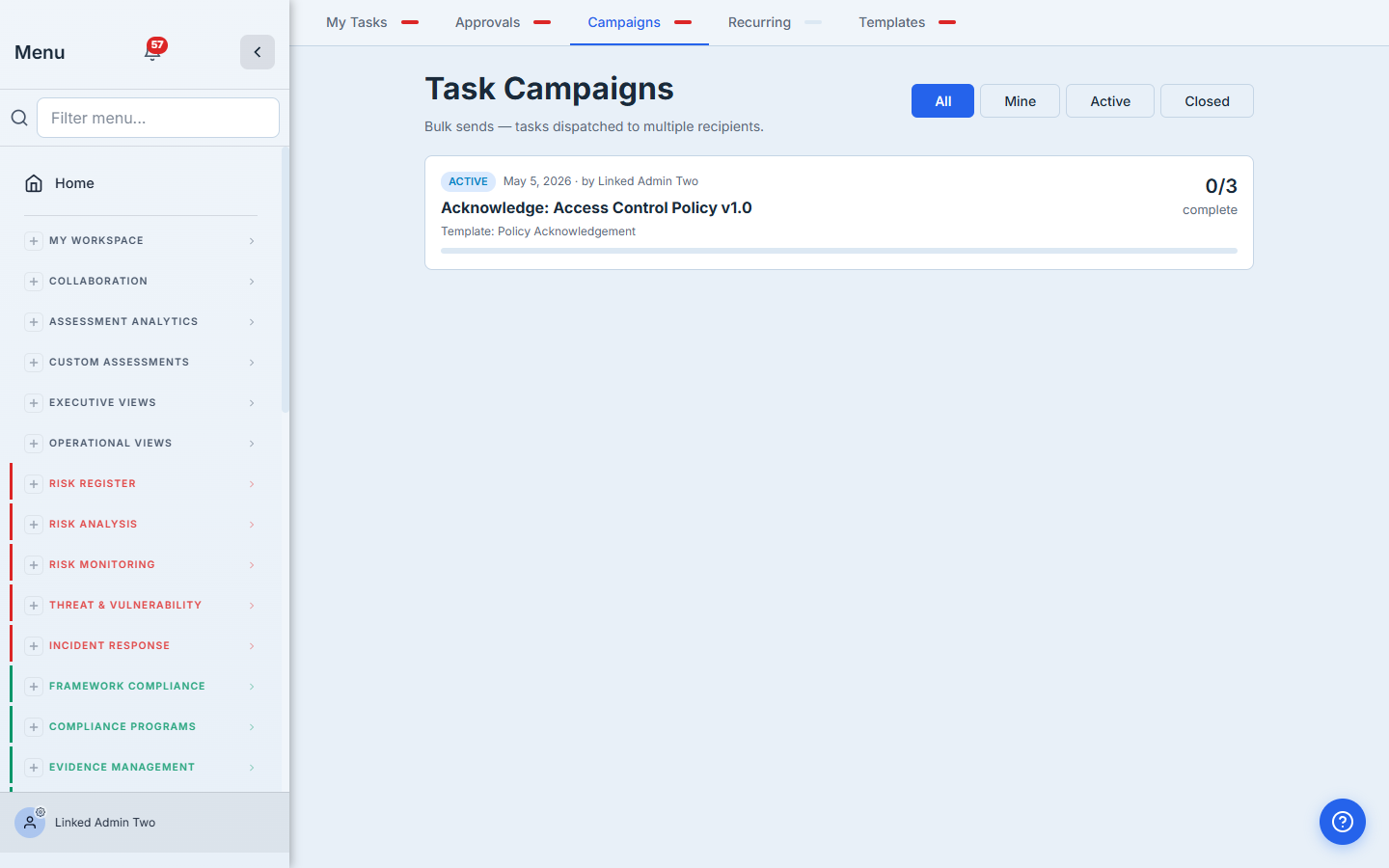 Campaign list with the new policy acknowledgement campaign alongside DR tests.