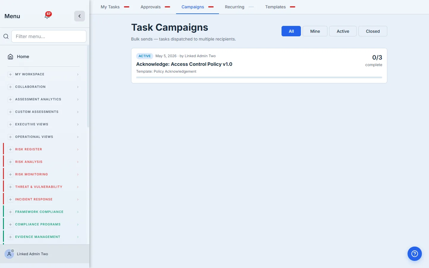 Campaign list with the new policy acknowledgement campaign alongside DR tests.