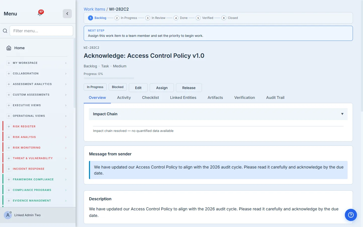 Recipient's task page with the custom message from the coordinator and the engagement details.