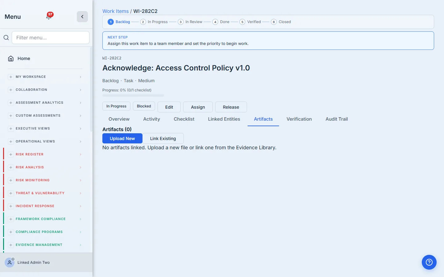 Recipient's task page — the policy PDF lands in the Files-attached-for-download section automatically.