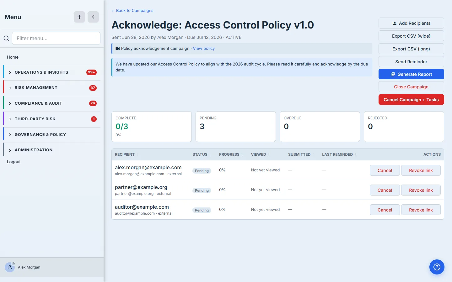 Campaign detail with per-recipient status — notified, viewed, completed.