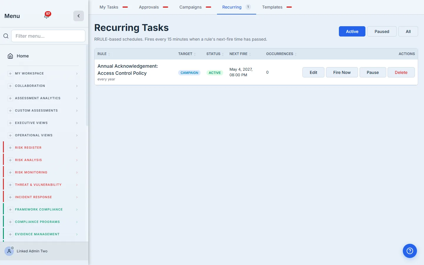 Recurring rule for the policy on /app/tasks?tab=recurring — Annual Acknowledgement, ACTIVE, next fire May 2027.
