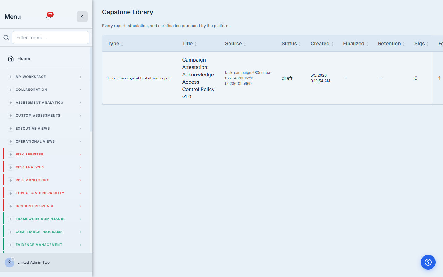 Capstone Library entry showing the Policy Acknowledgement Report draft.
