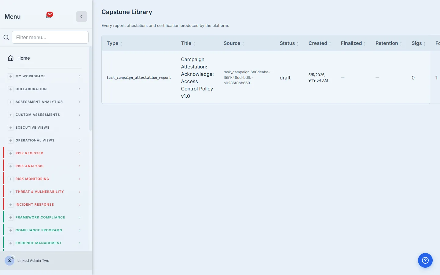 Capstone Library entry showing the Policy Acknowledgement Report draft.
