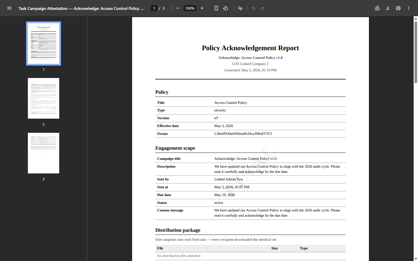 Finalized policy acknowledgement report — cover with policy version block.