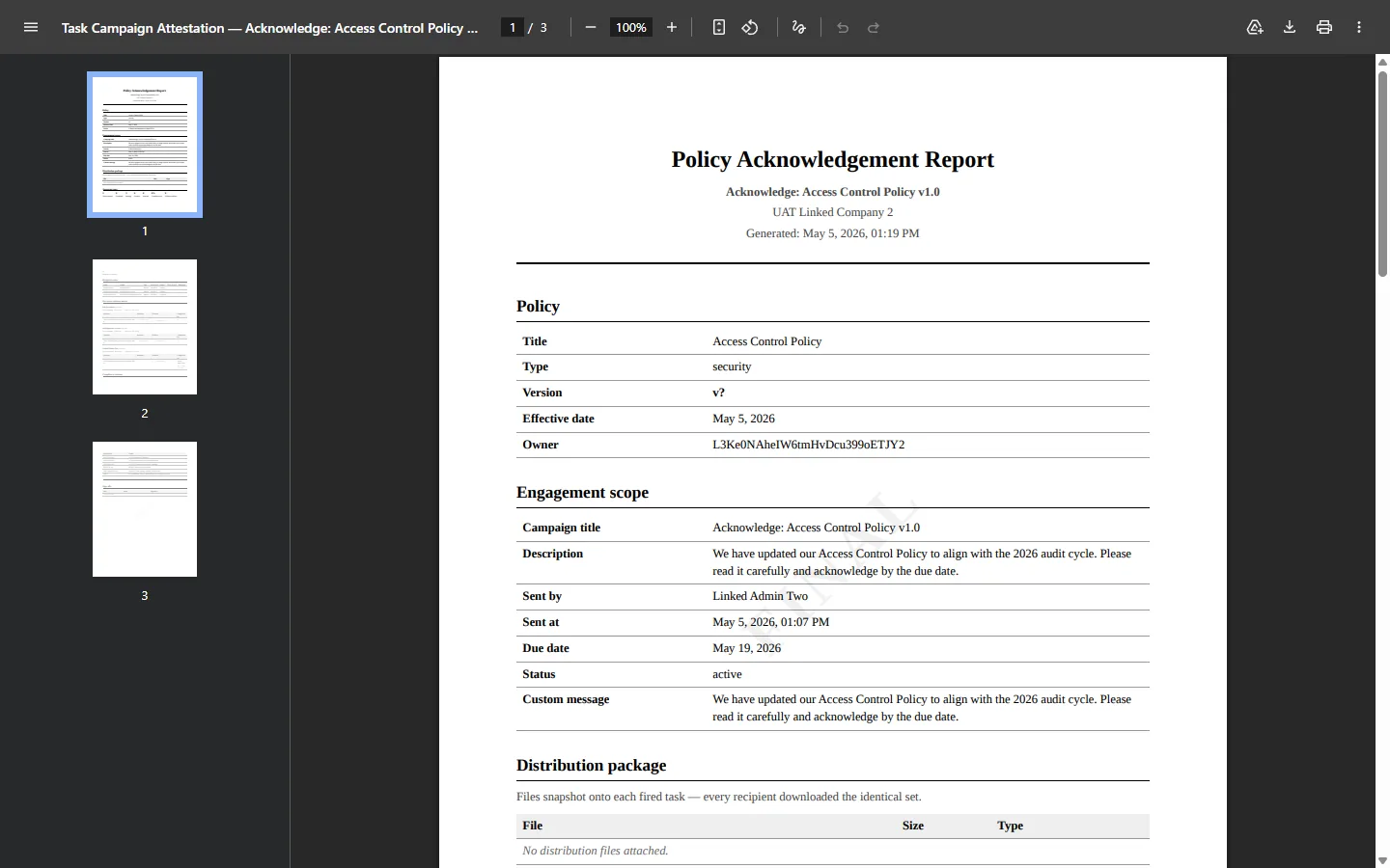 Finalized policy acknowledgement report — cover with policy version block.