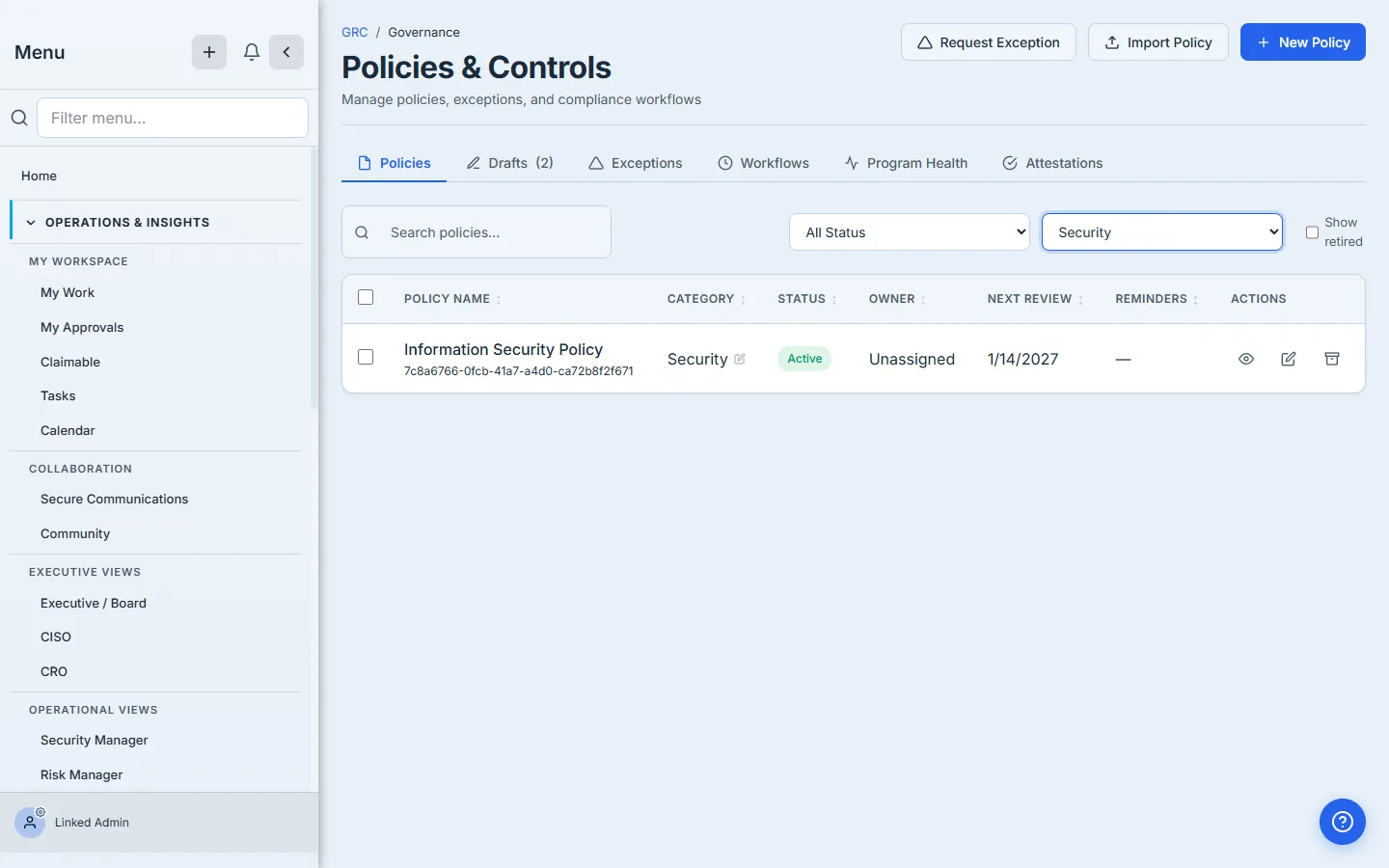 The Category filter set to Security — the list narrows to the single Security policy.