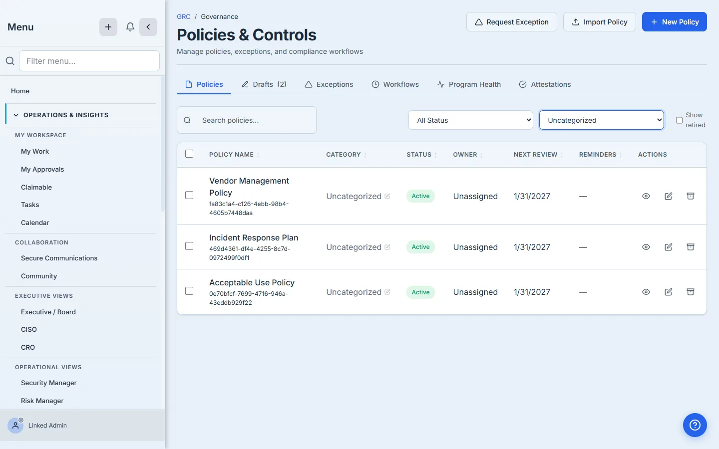 The Category filter set to Uncategorized — the three policies still waiting for a category.