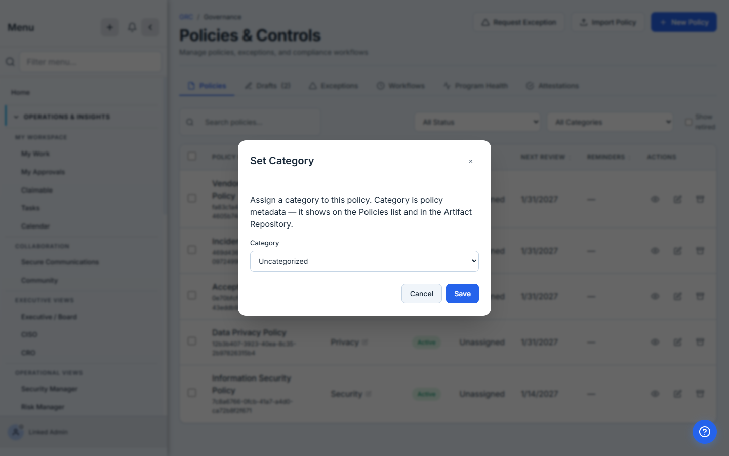 The Set Category modal open on a single policy, the dropdown showing its current value of Uncategorized.