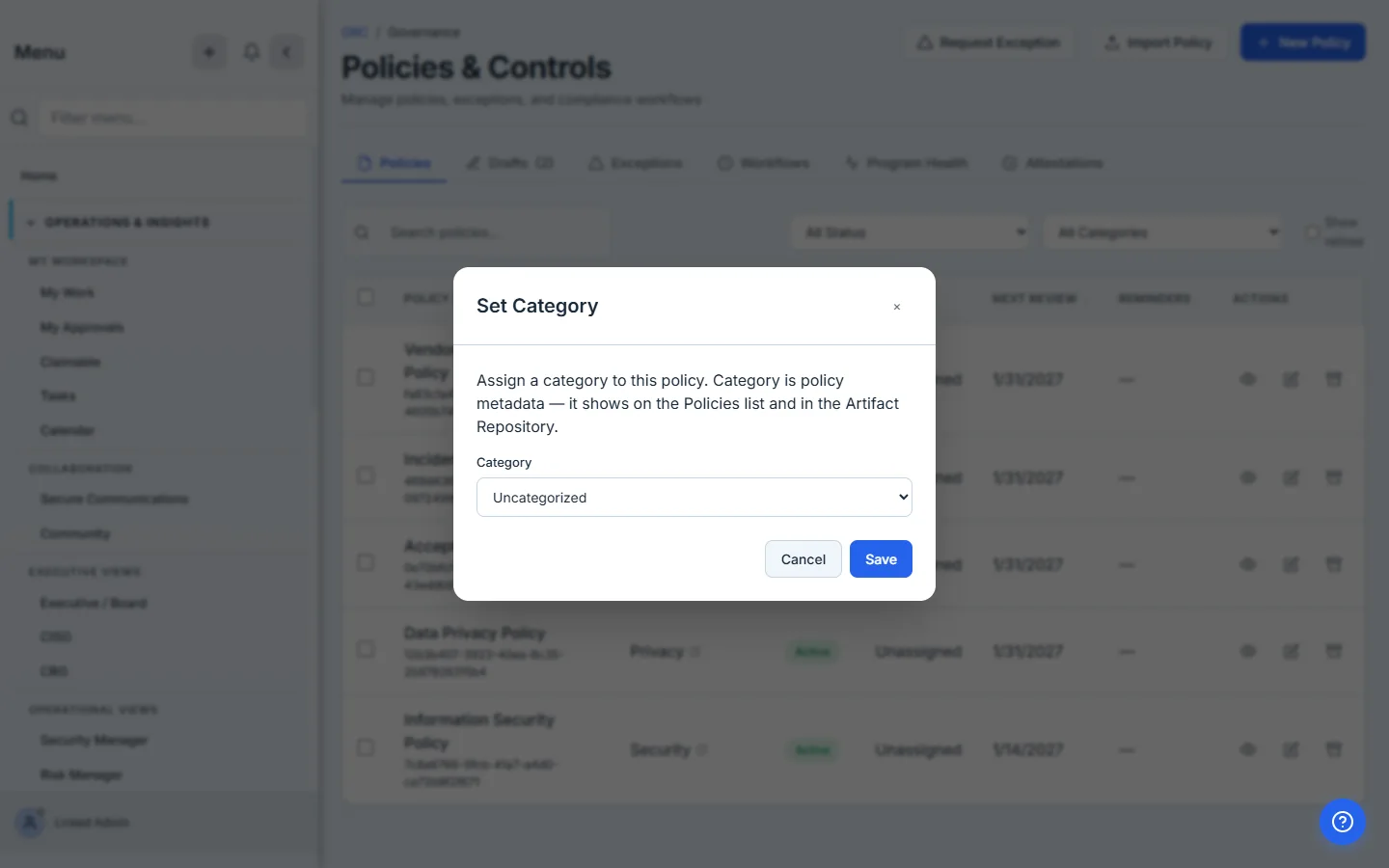 The Set Category modal open on a single policy, the dropdown showing its current value of Uncategorized.