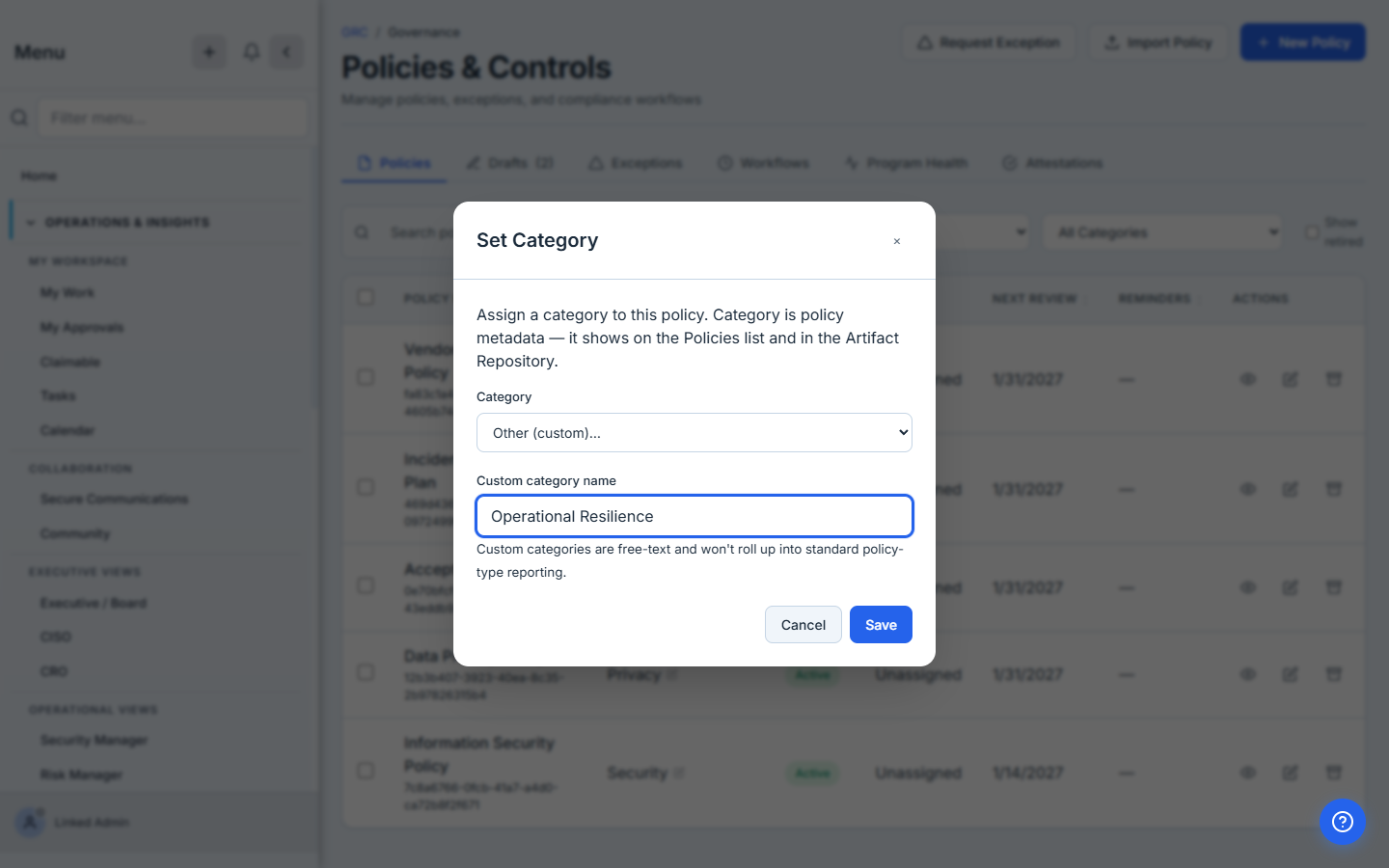 The Set Category modal with Other (custom)… selected, revealing a free-text field holding a custom category, "Operational Resilience".