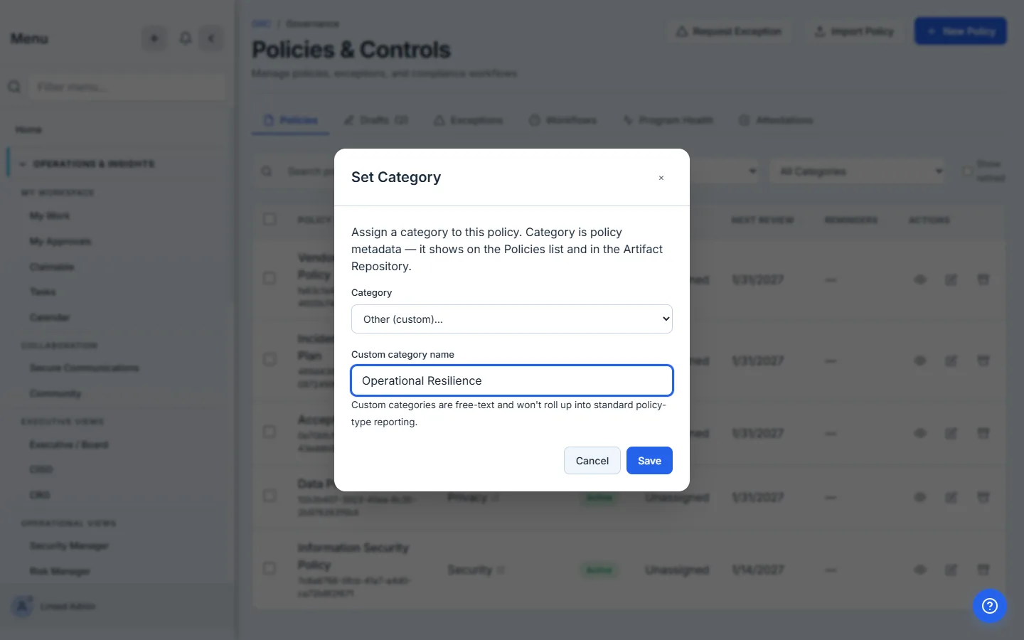 The Set Category modal with Other (custom)… selected, revealing a free-text field holding a custom category, "Operational Resilience".
