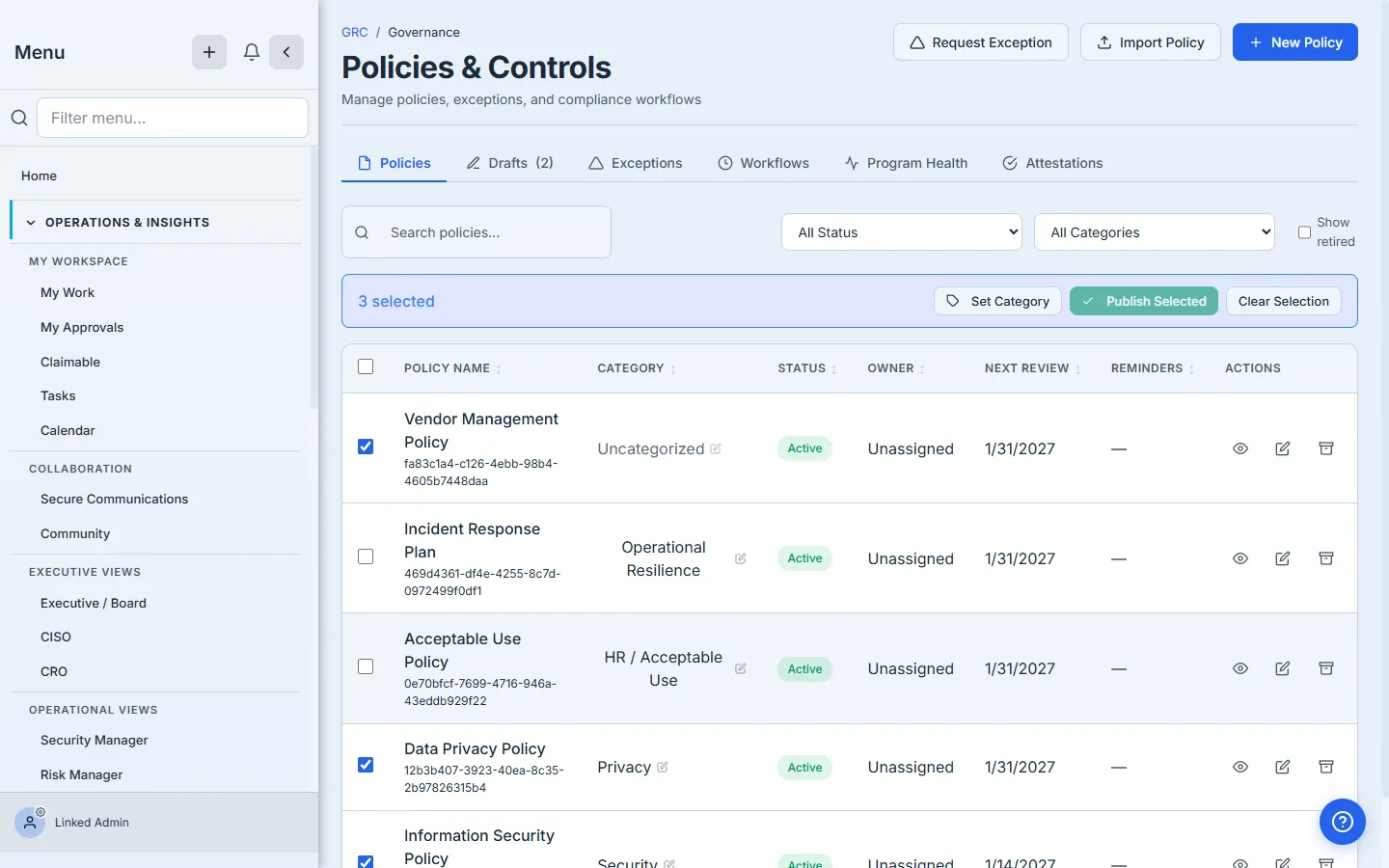 Three policies selected; the bulk action bar shows the Set Category button.