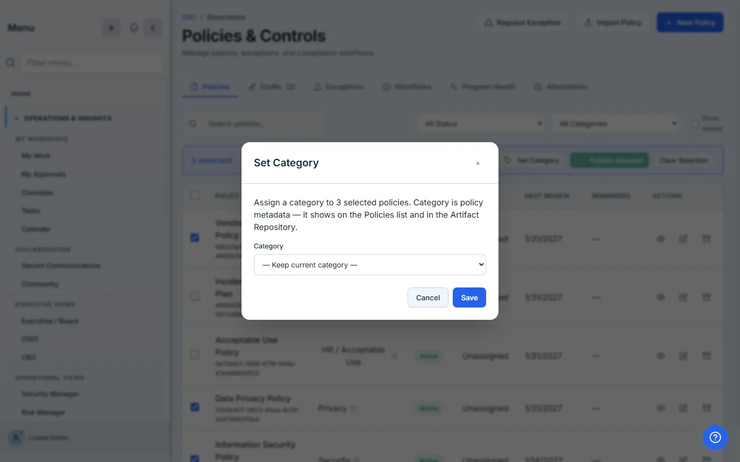 The bulk Set Category modal, defaulted to the "— Keep current category —" sentinel.