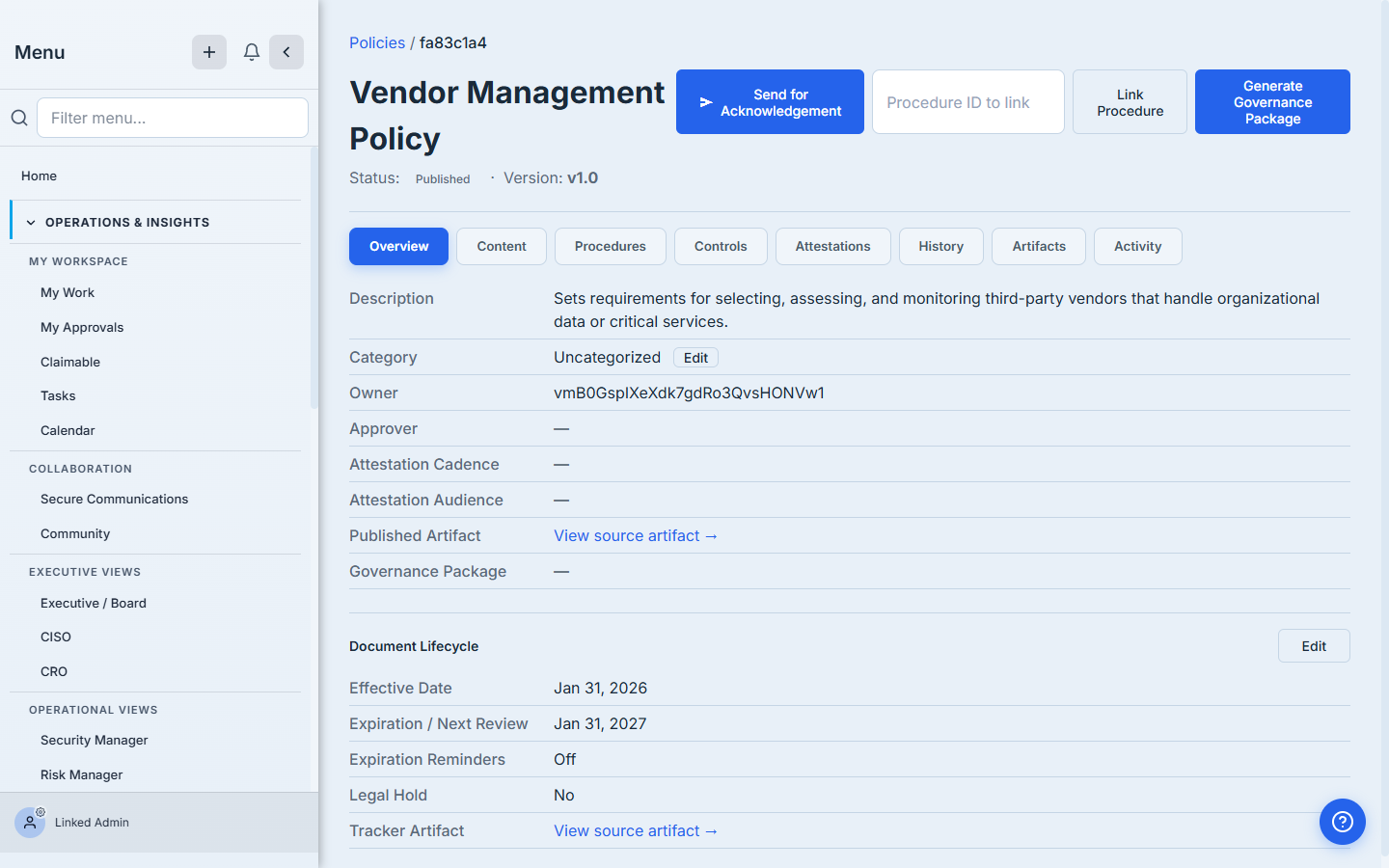 Policy detail Overview tab — the Category row showing Uncategorized with an Edit button.
