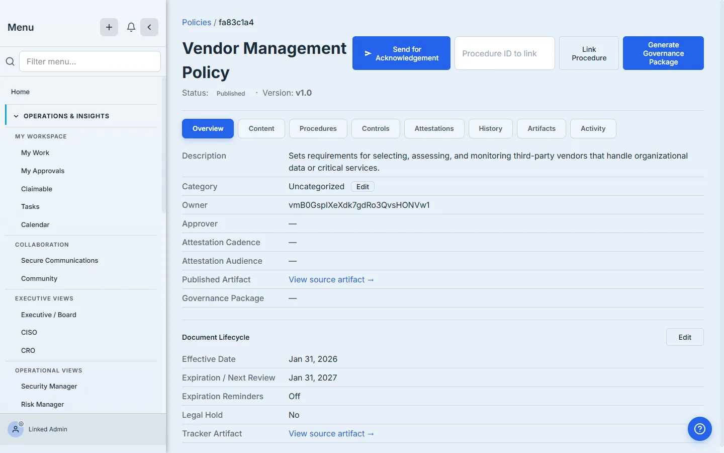 Policy detail Overview tab — the Category row showing Uncategorized with an Edit button.