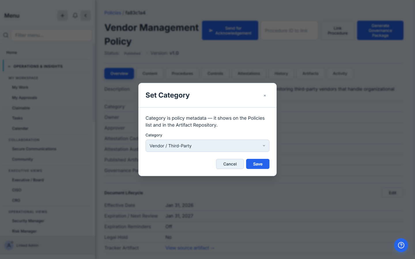 The category picker open on the policy detail page, Vendor / Third-Party selected.